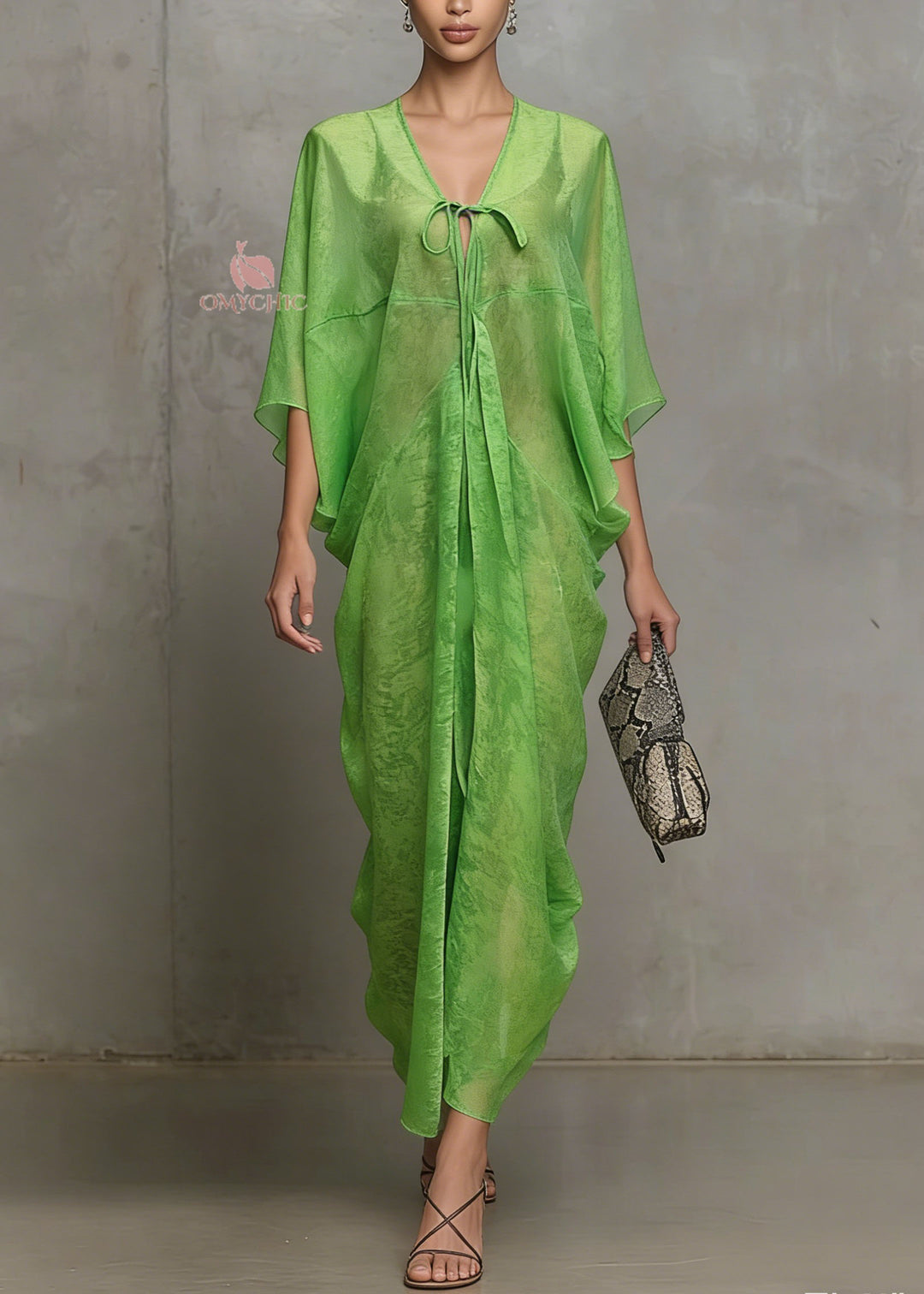 Women Green Lace Up Chiffon Vacation Dress Summer