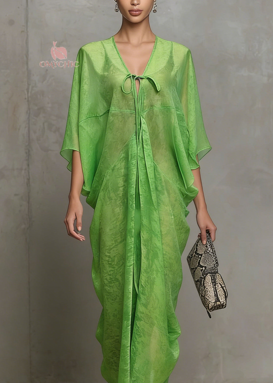 Women Green Lace Up Chiffon Vacation Dress Summer