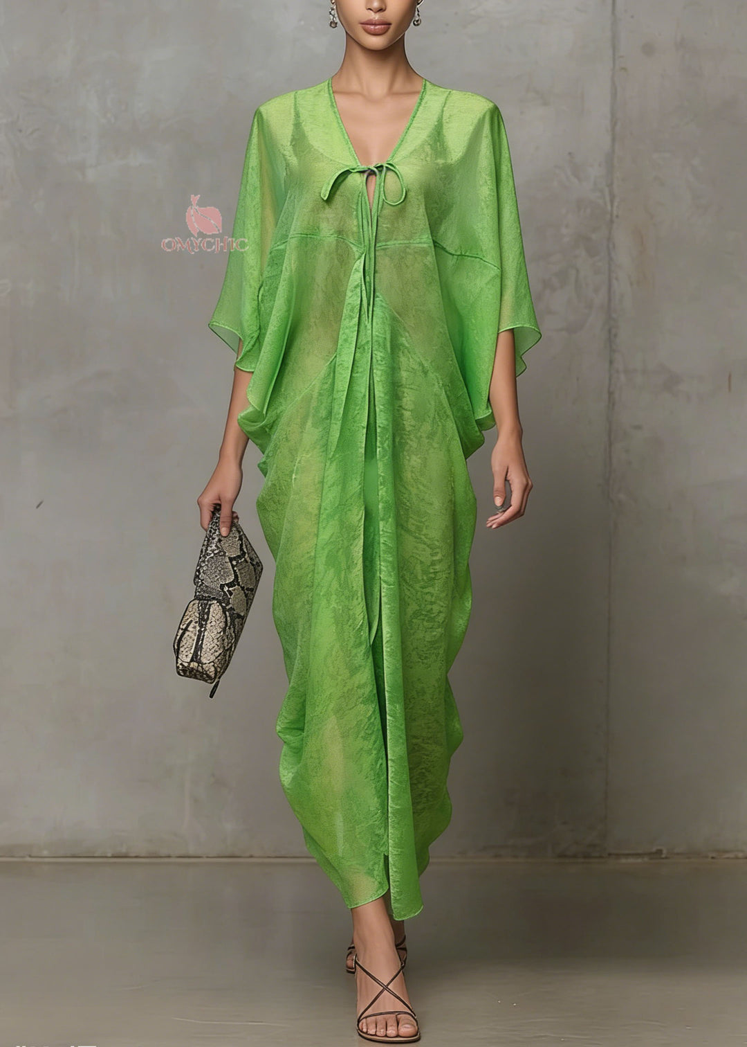 Women Green Lace Up Chiffon Vacation Dress Summer