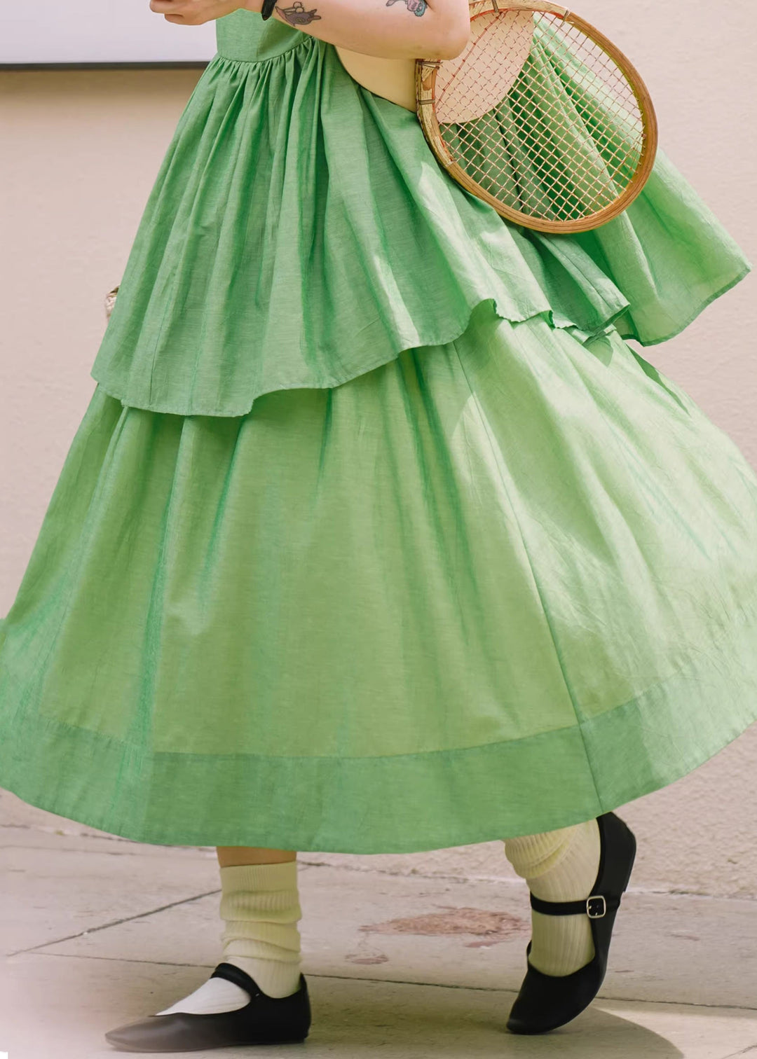 Women Green Lace Up Solid Cotton Spaghetti Strap Skirt Summer