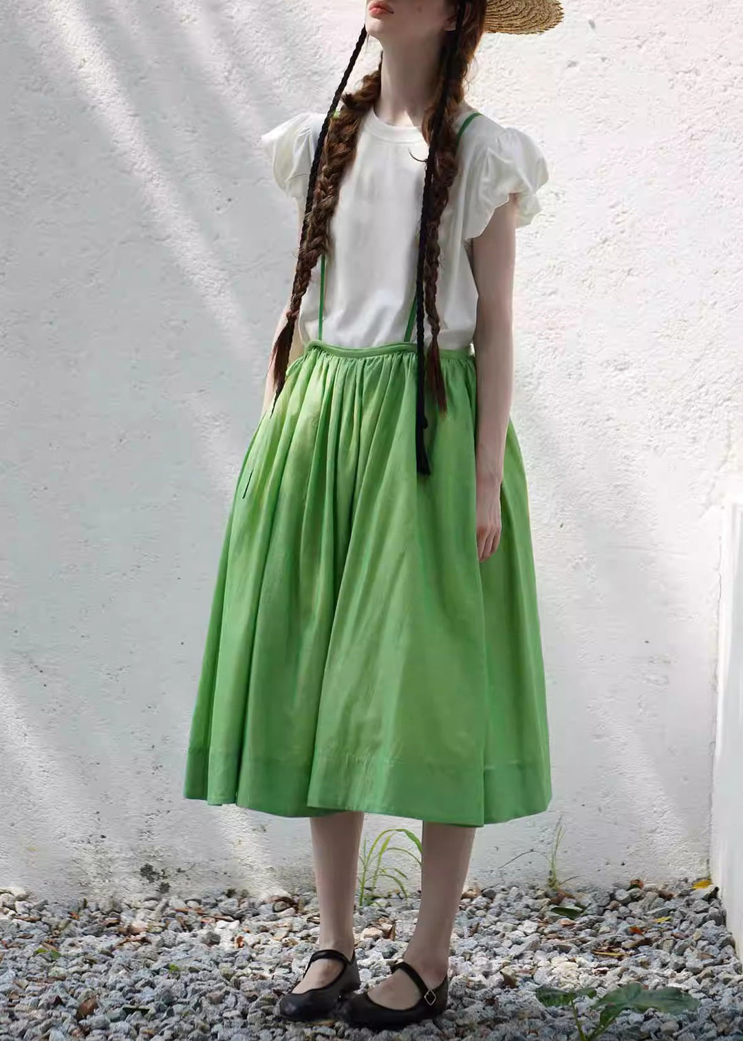 Women Green Lace Up Solid Cotton Spaghetti Strap Skirt Summer