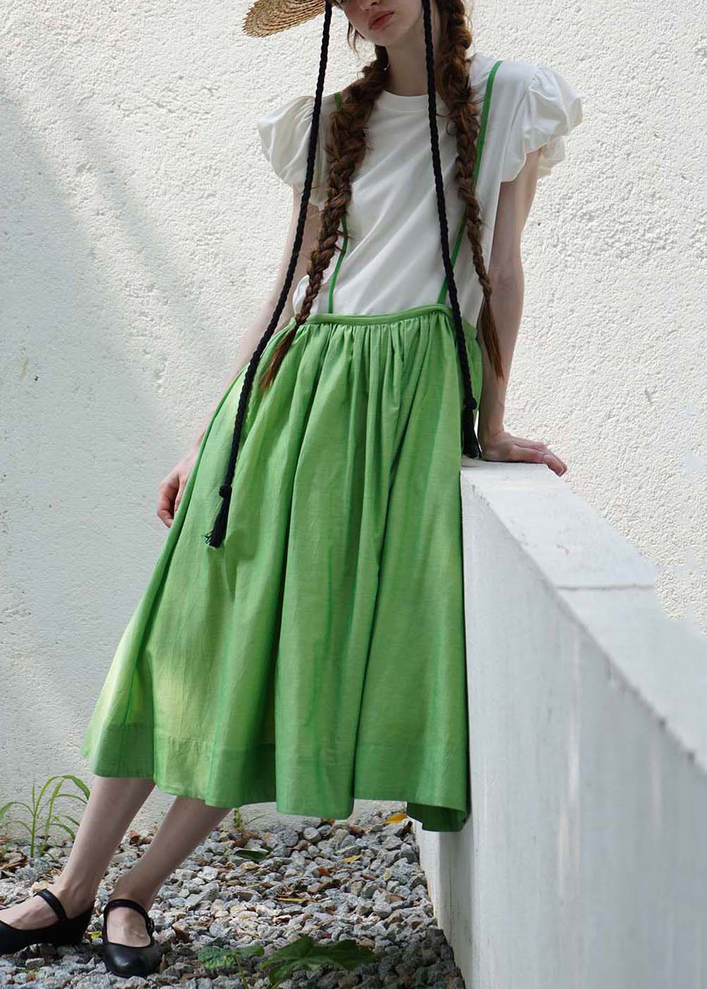 Women Green Lace Up Solid Cotton Spaghetti Strap Skirt Summer