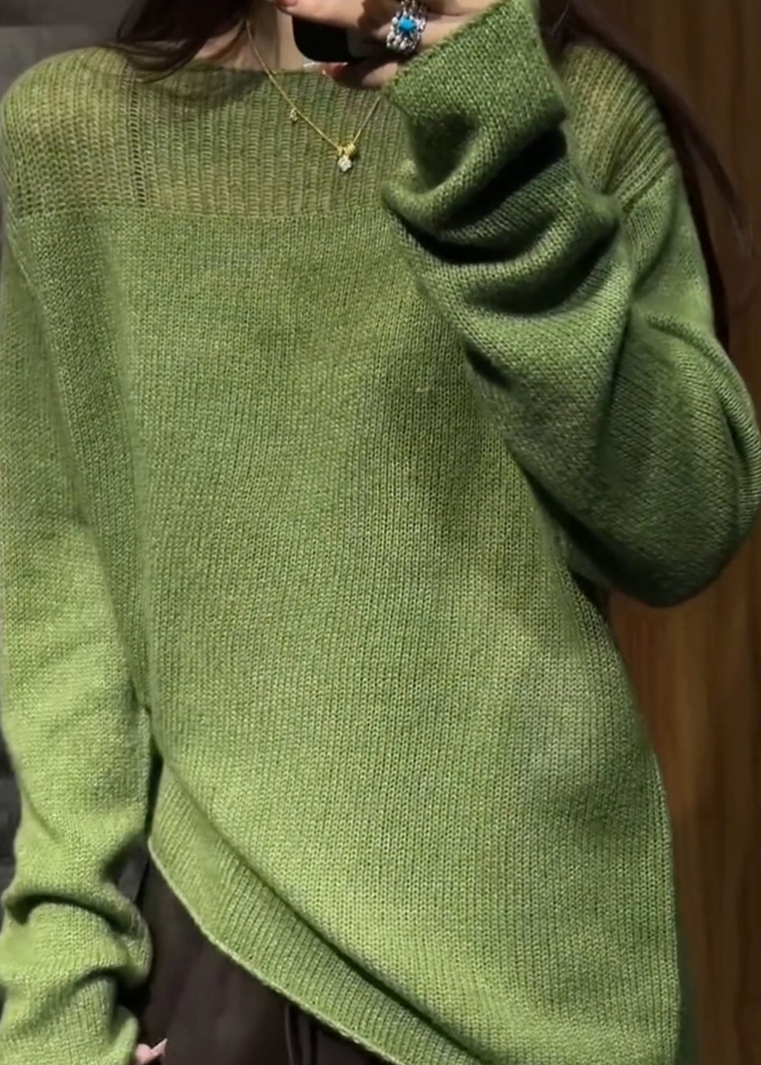 Women Green O Neck Hollow Out Cozy Knit Sweaters Fall