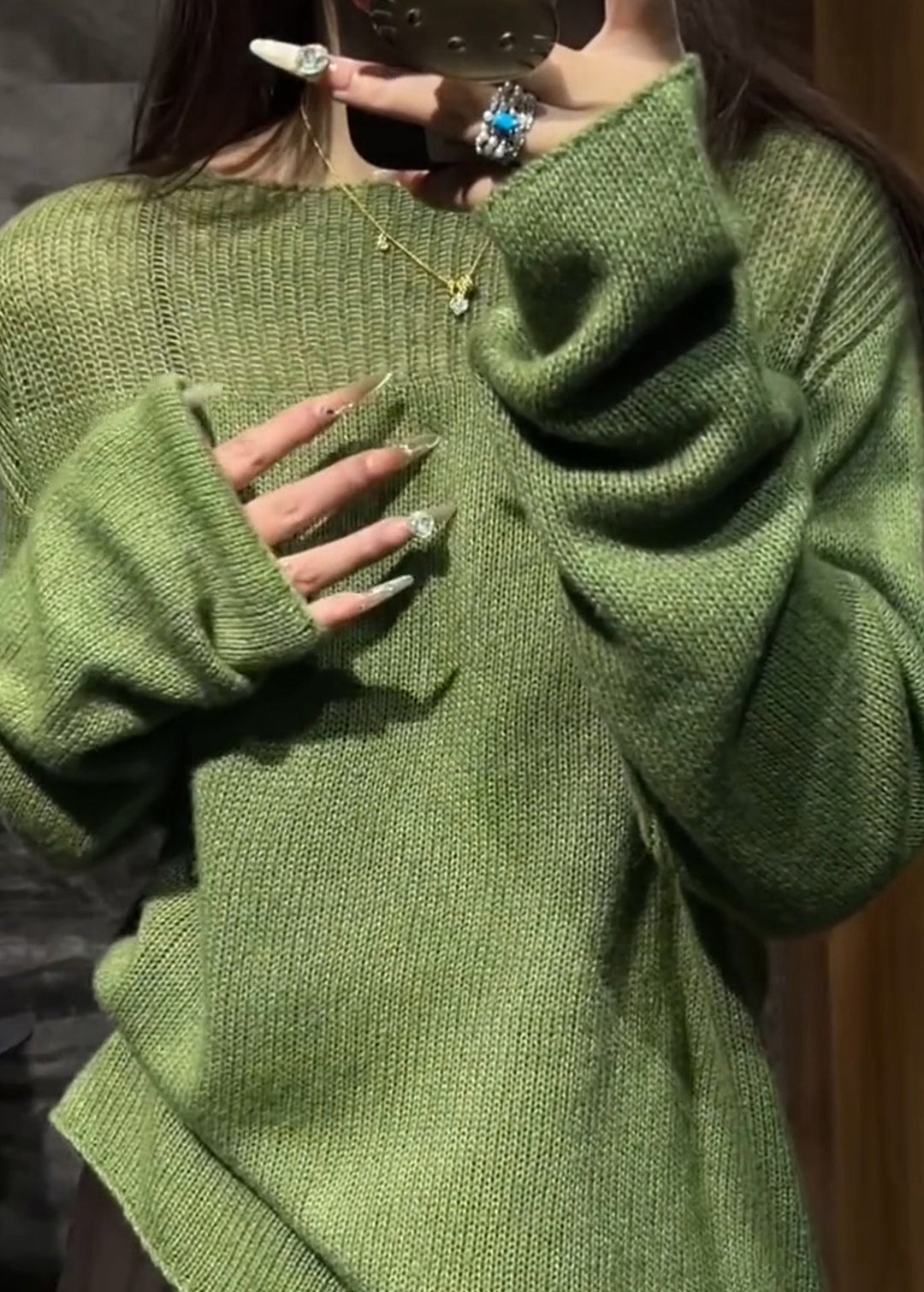 Women Green O Neck Hollow Out Cozy Knit Sweaters Fall