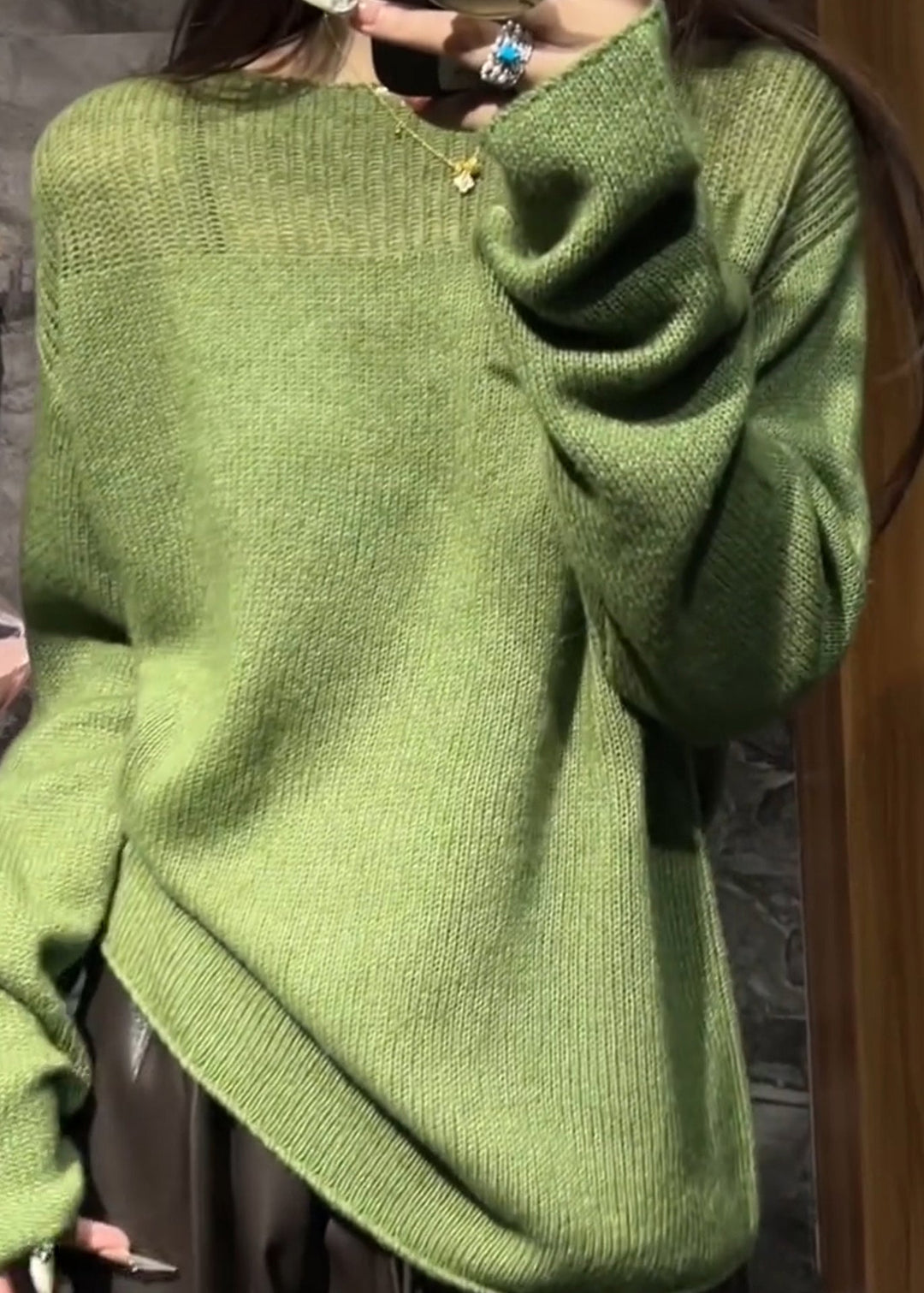 Women Green O Neck Hollow Out Cozy Knit Sweaters Fall