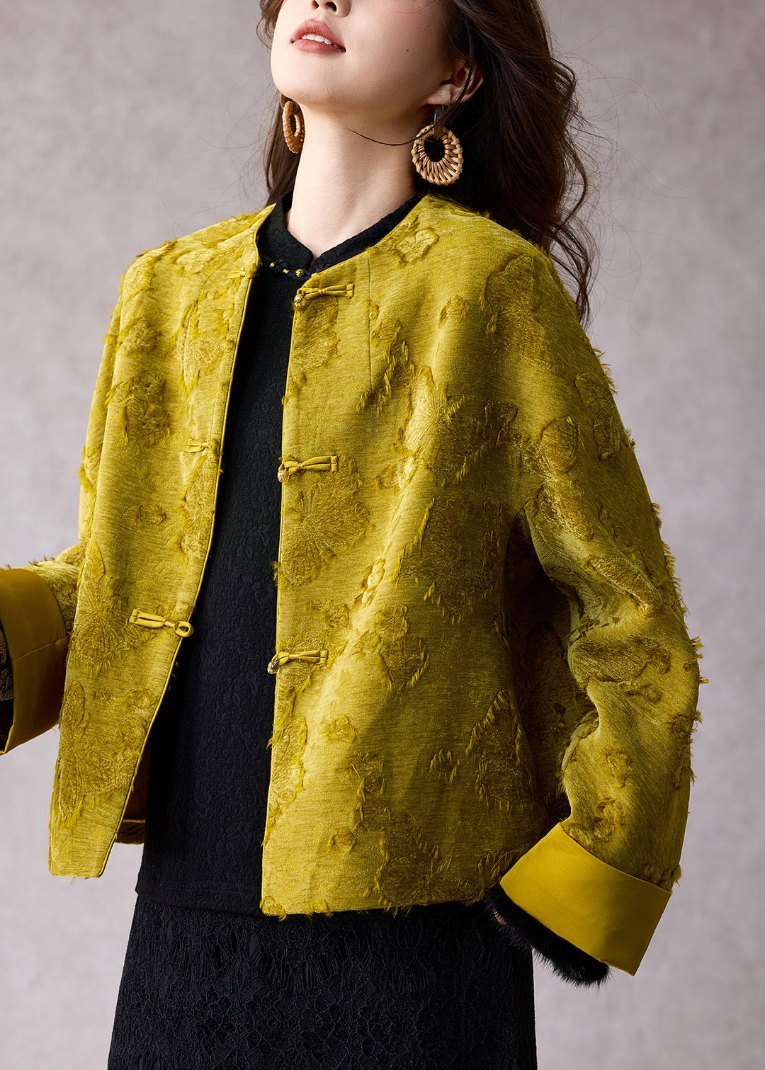 Women Green O Neck Jacquard Fine Cotton Filled Jacket Winter