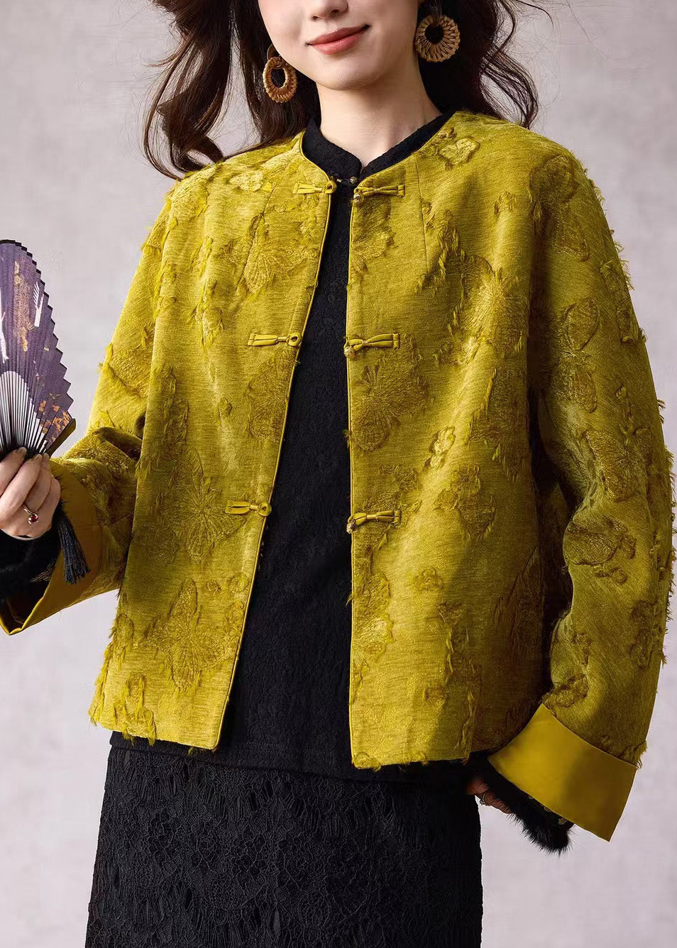 Women Green O Neck Jacquard Fine Cotton Filled Jacket Winter