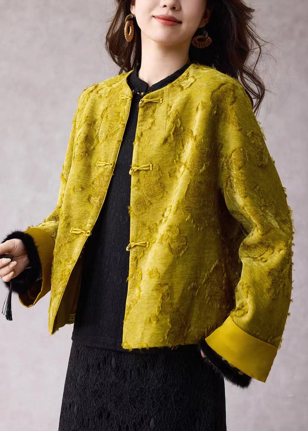 Women Green O Neck Jacquard Fine Cotton Filled Jacket Winter