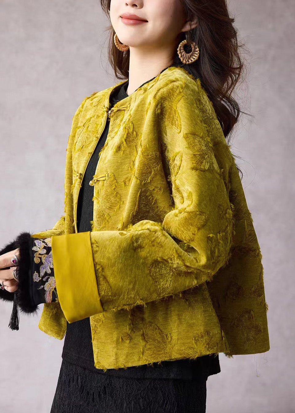 Women Green O Neck Jacquard Fine Cotton Filled Jacket Winter