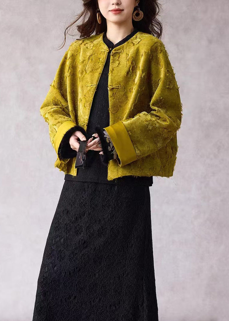 Women Green O Neck Jacquard Fine Cotton Filled Jacket Winter