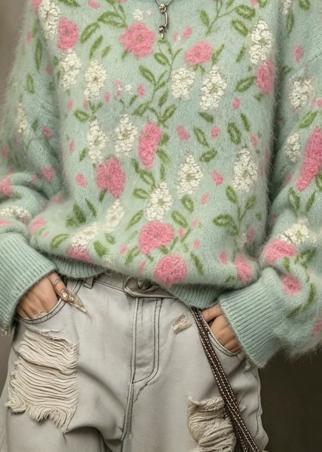 Women Green O Neck Jacquard Knit Sweaters Top Fall