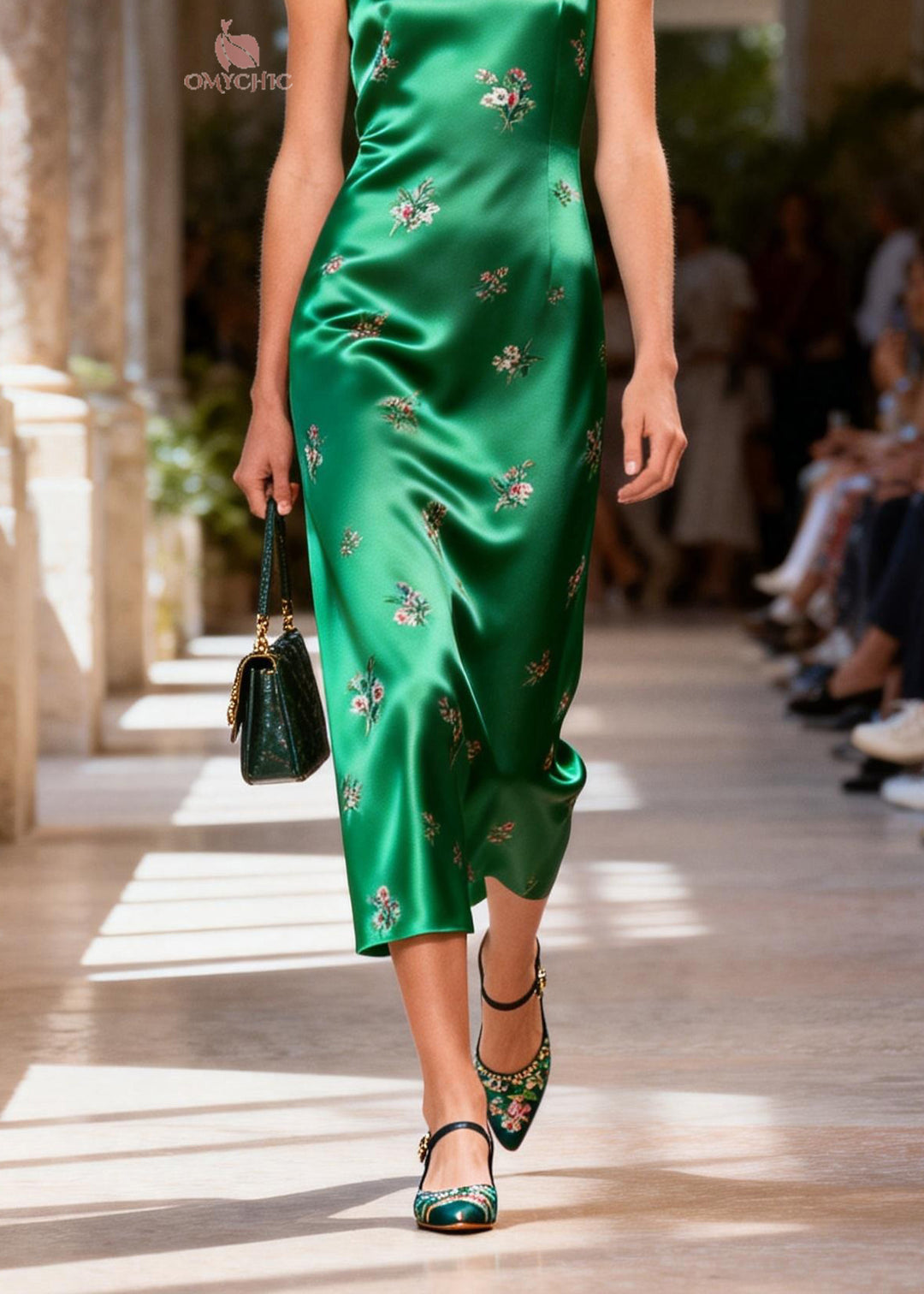 Women Green O Neck Jacquard Silk Dresses Sleeveless