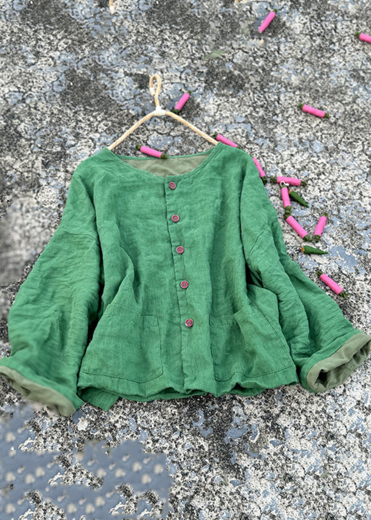 Women Green O Neck Pockets Button Linen Loose Coat Fall