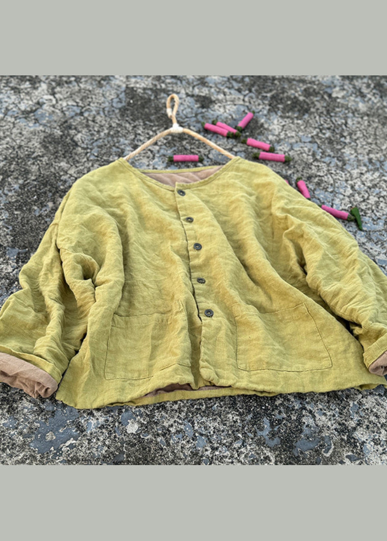 Women Green O Neck Pockets Button Linen Loose Coat Fall