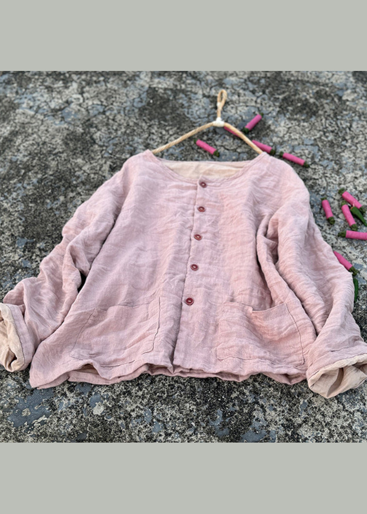Women Green O Neck Pockets Button Linen Loose Coat Fall
