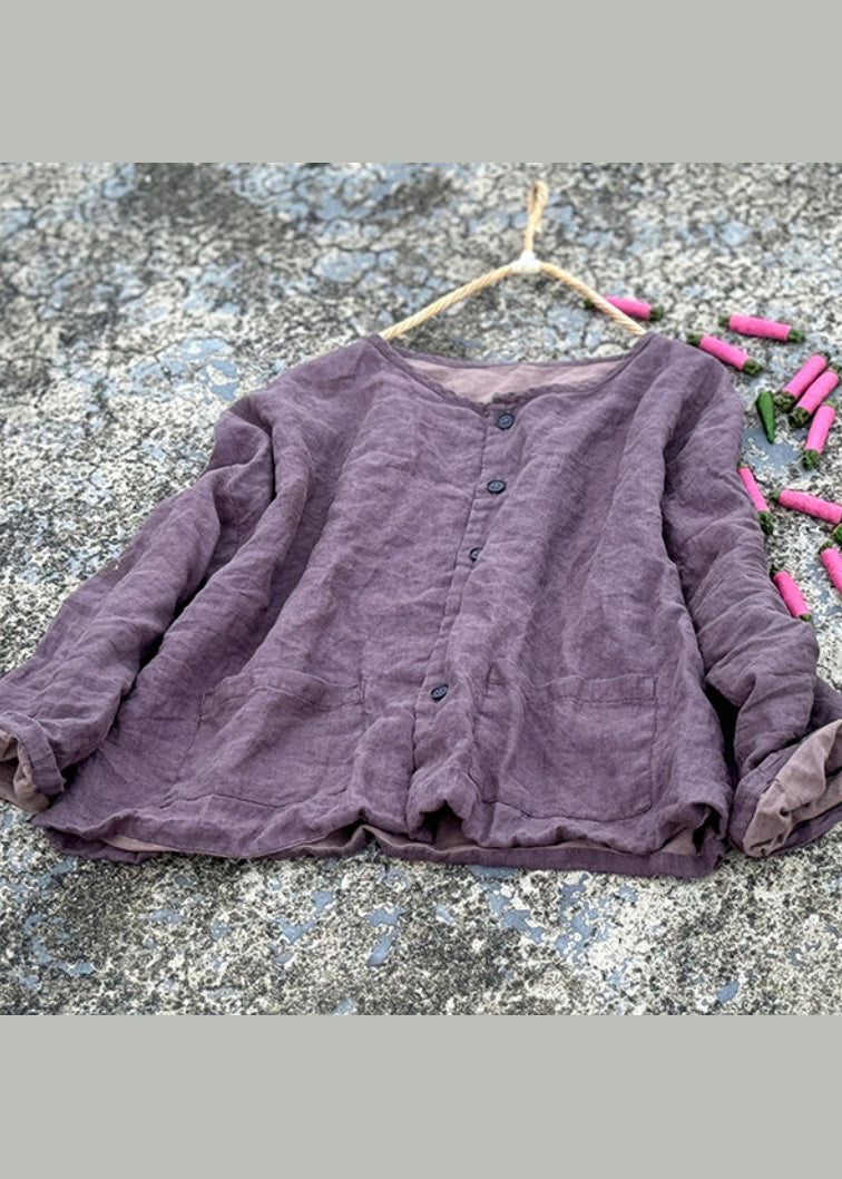 Women Green O Neck Pockets Button Linen Loose Coat Fall