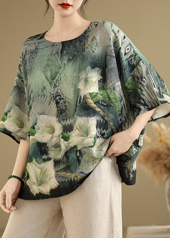 Women Green O Neck Print Loose Cotton T Shirt Summer