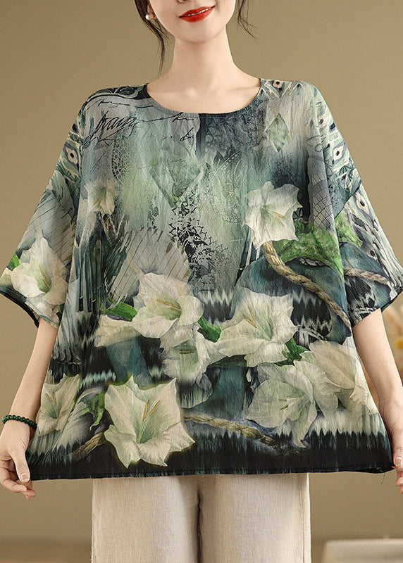 Women Green O Neck Print Loose Cotton T Shirt Summer