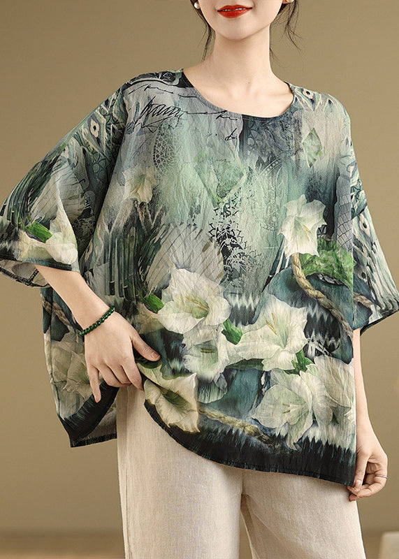 Women Green O Neck Print Loose Cotton T Shirt Summer