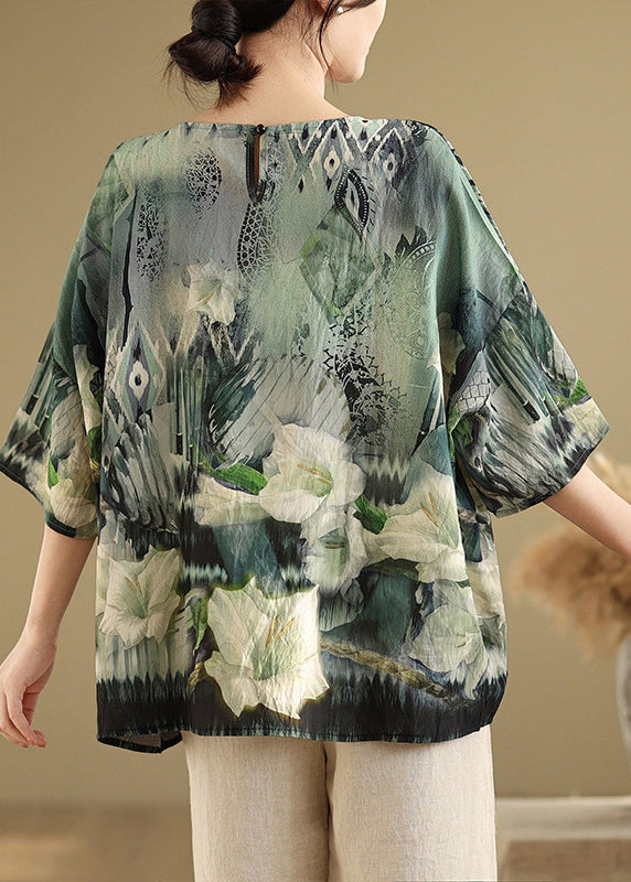 Women Green O Neck Print Loose Cotton T Shirt Summer