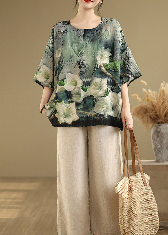 Women Green O Neck Print Loose Cotton T Shirt Summer