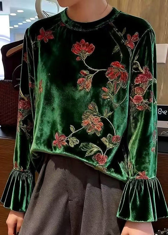 Women Green O Neck Print Patchwork Velour Blouses Spring
