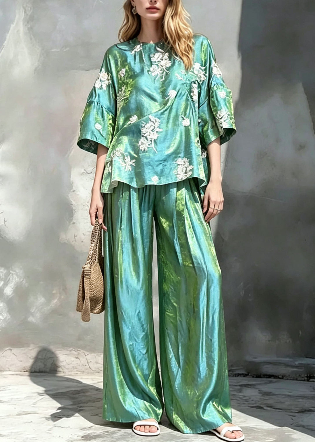 Women Green O Neck Print Silk Two Pieces Set Summer