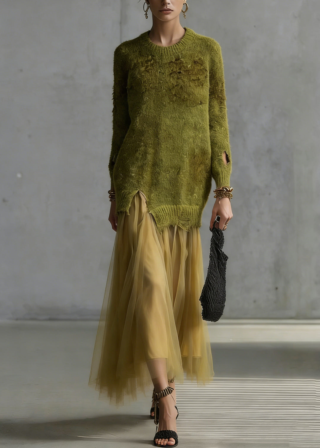 Women Green O Neck Tulle Patchwork Knit Dresses Spring