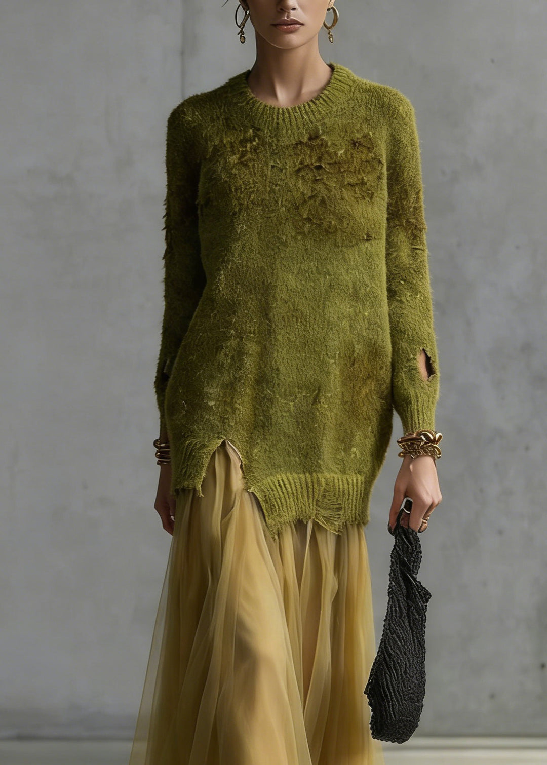 Women Green O Neck Tulle Patchwork Knit Dresses Spring