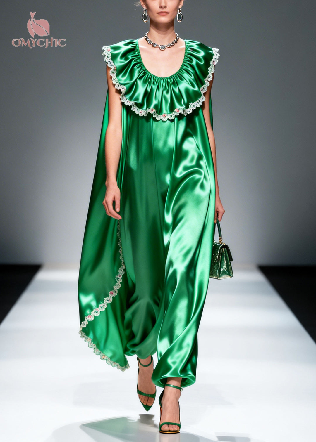 Women Green Oversized Patchwork Flower Lace Silk Maxi Dresses Sleeveless