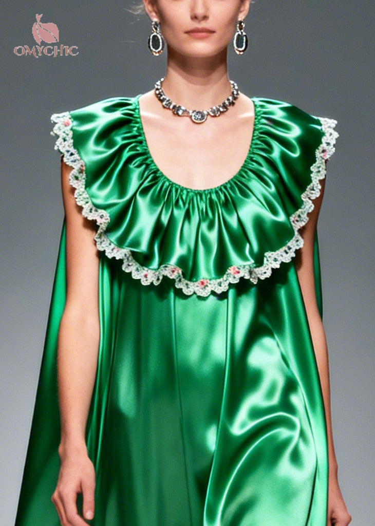 Women Green Oversized Patchwork Flower Lace Silk Maxi Dresses Sleeveless