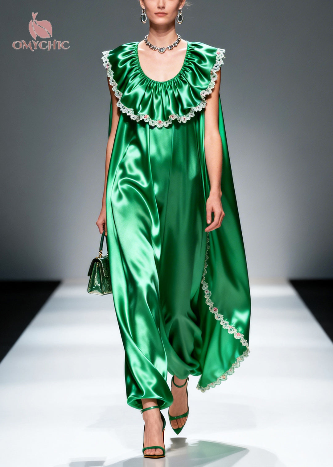 Women Green Oversized Patchwork Flower Lace Silk Maxi Dresses Sleeveless