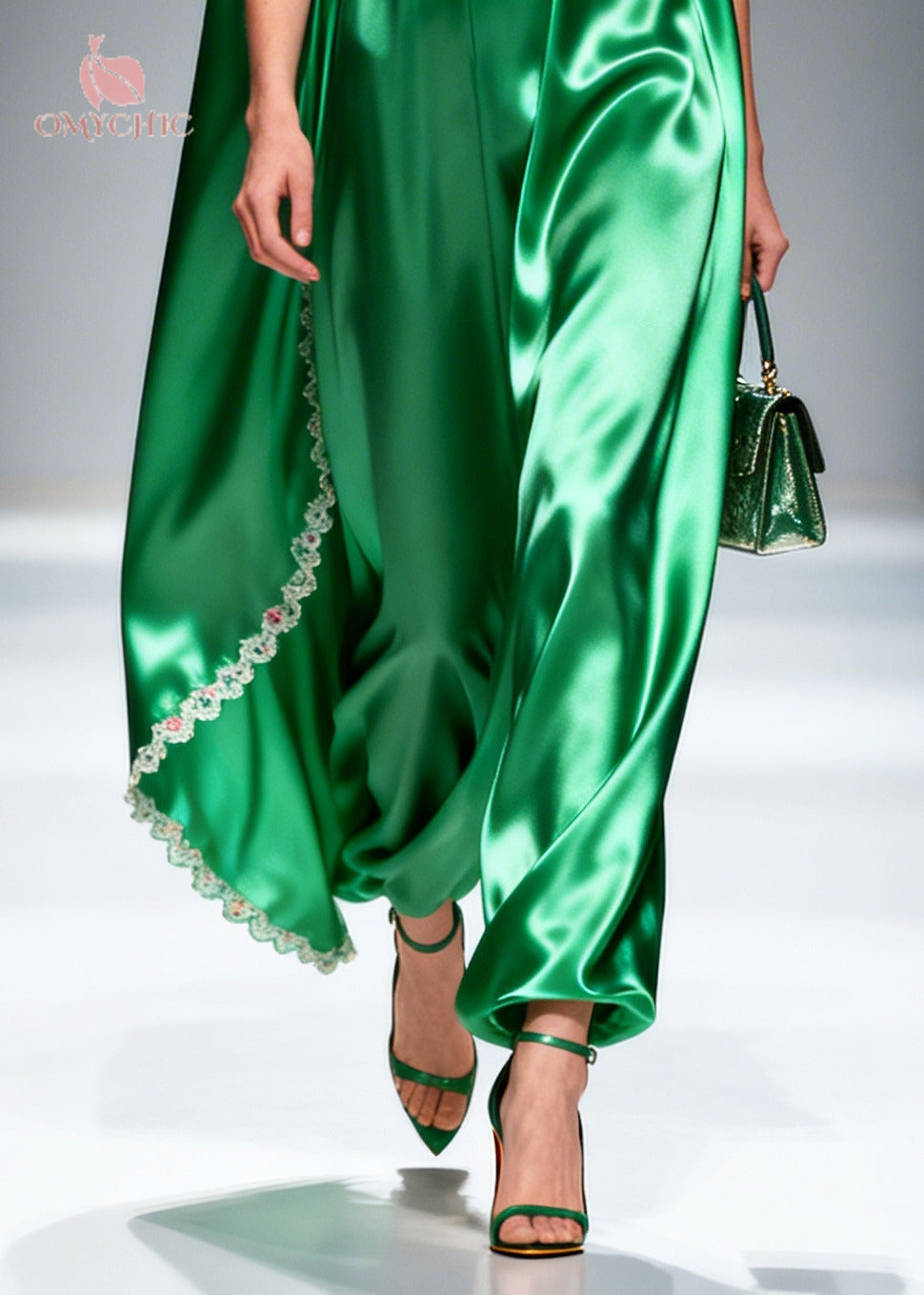 Women Green Oversized Patchwork Flower Lace Silk Maxi Dresses Sleeveless
