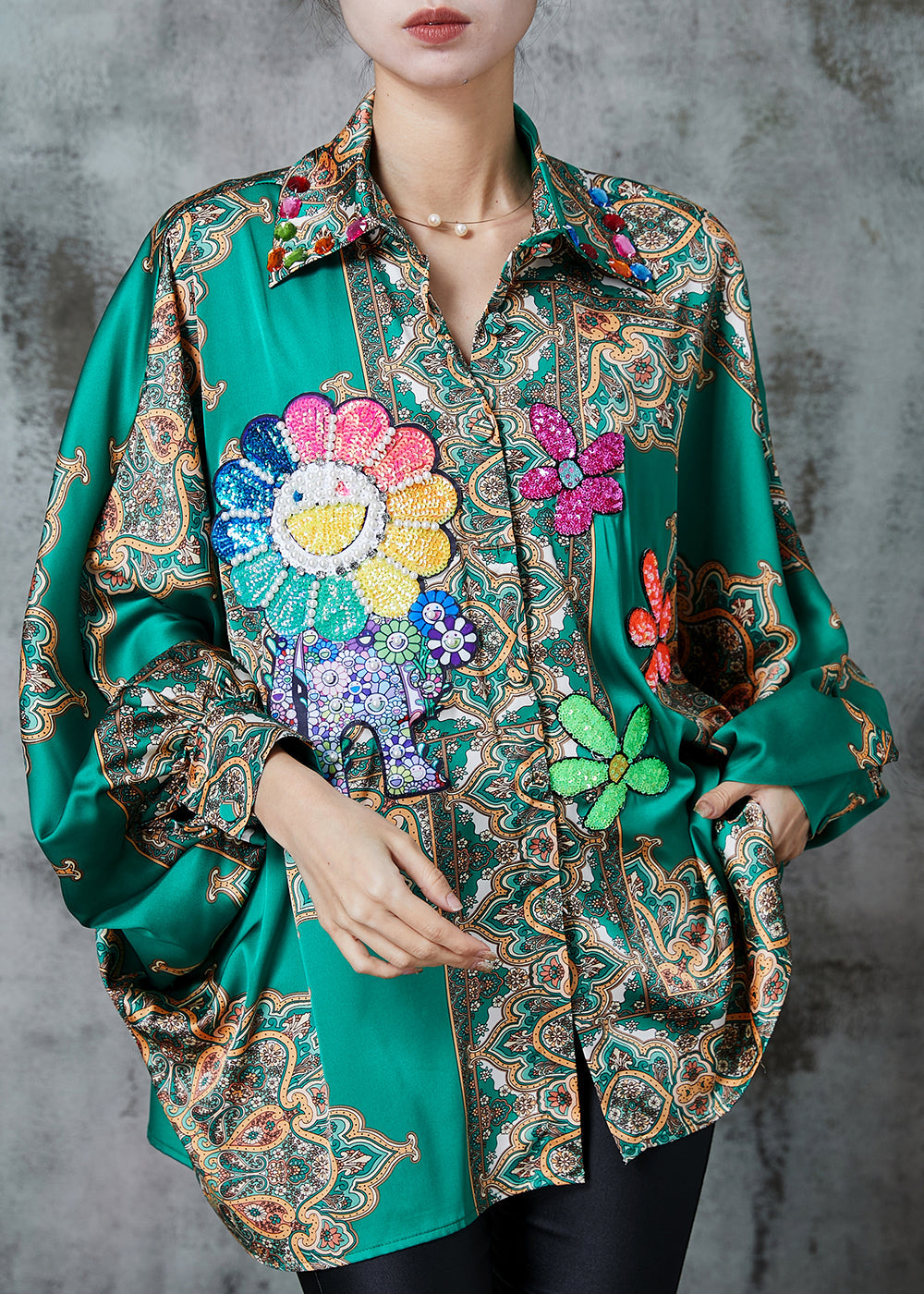 Women Green Oversized Print Chiffon Top Spring