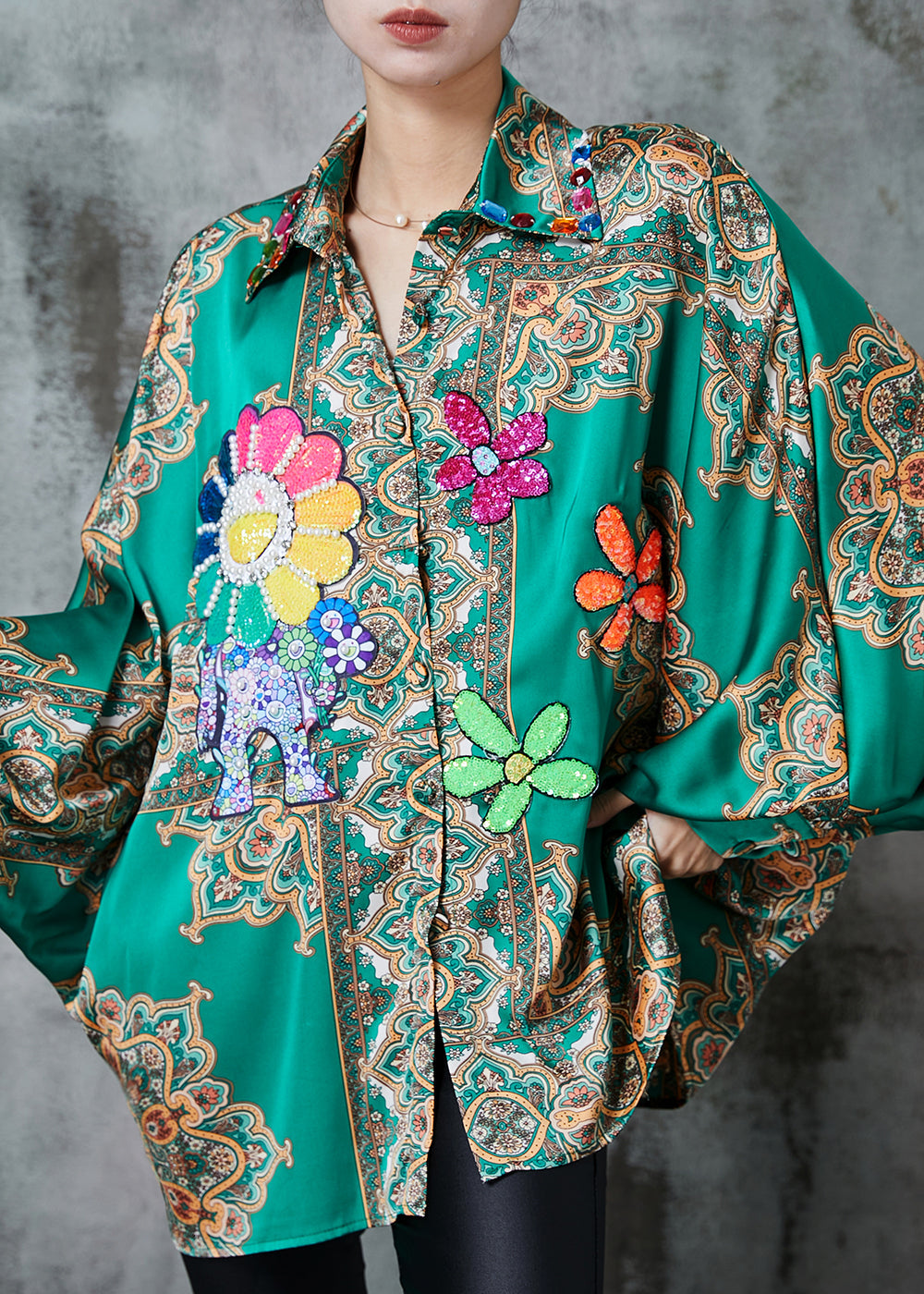 Women Green Oversized Print Chiffon Top Spring