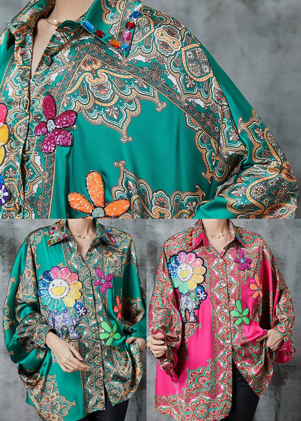 Women Green Oversized Print Chiffon Top Spring