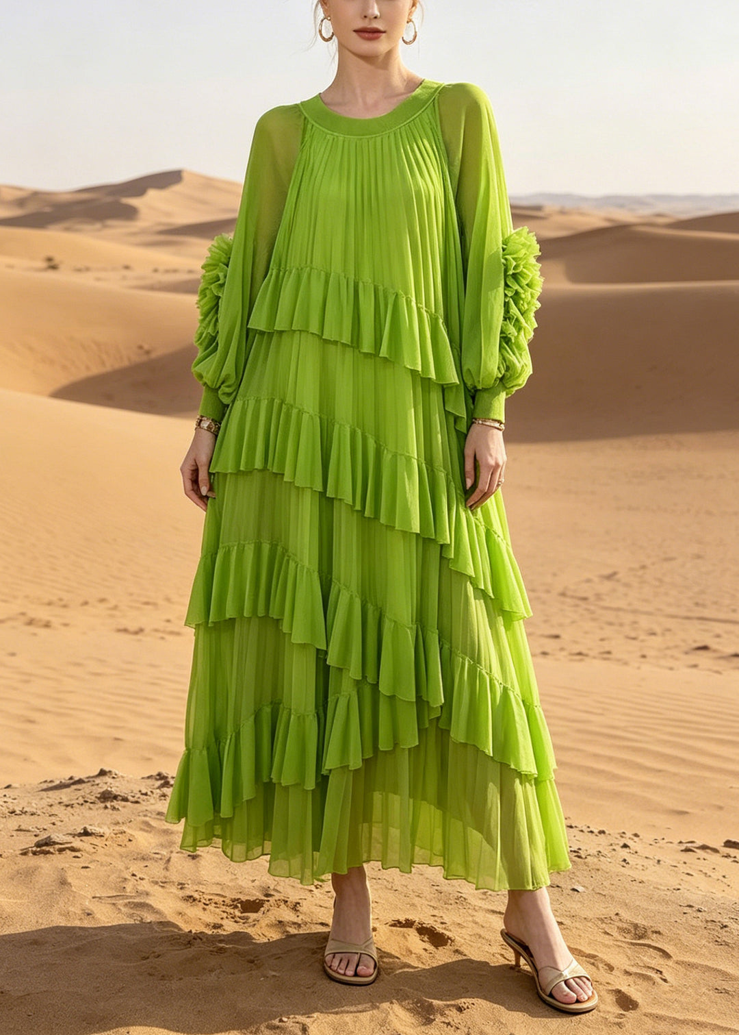 Women Green Oversized Ruffles Chiffon Vacation Dress Summer