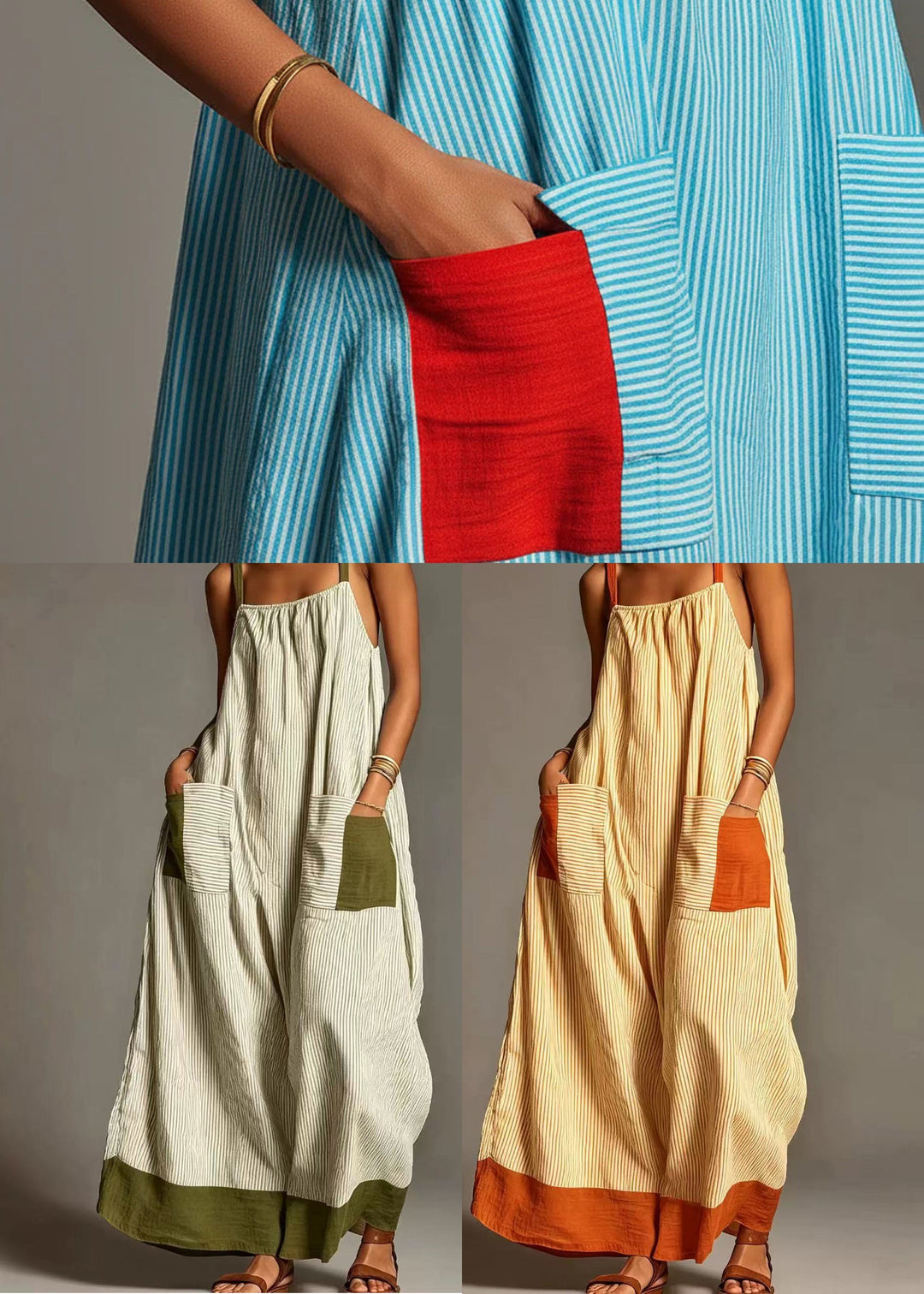 Women Green Oversized Striped Cotton Mid Dress Summer
