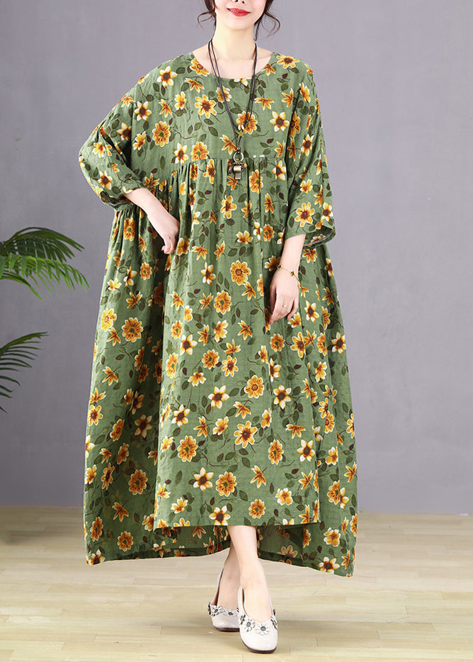 Women Green Patchwork Print Maxi Dress Long Sleeve