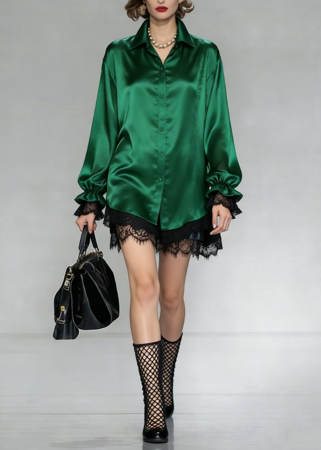 Women Green Peter Pan Collar Patchwork Silk Shirt Spring