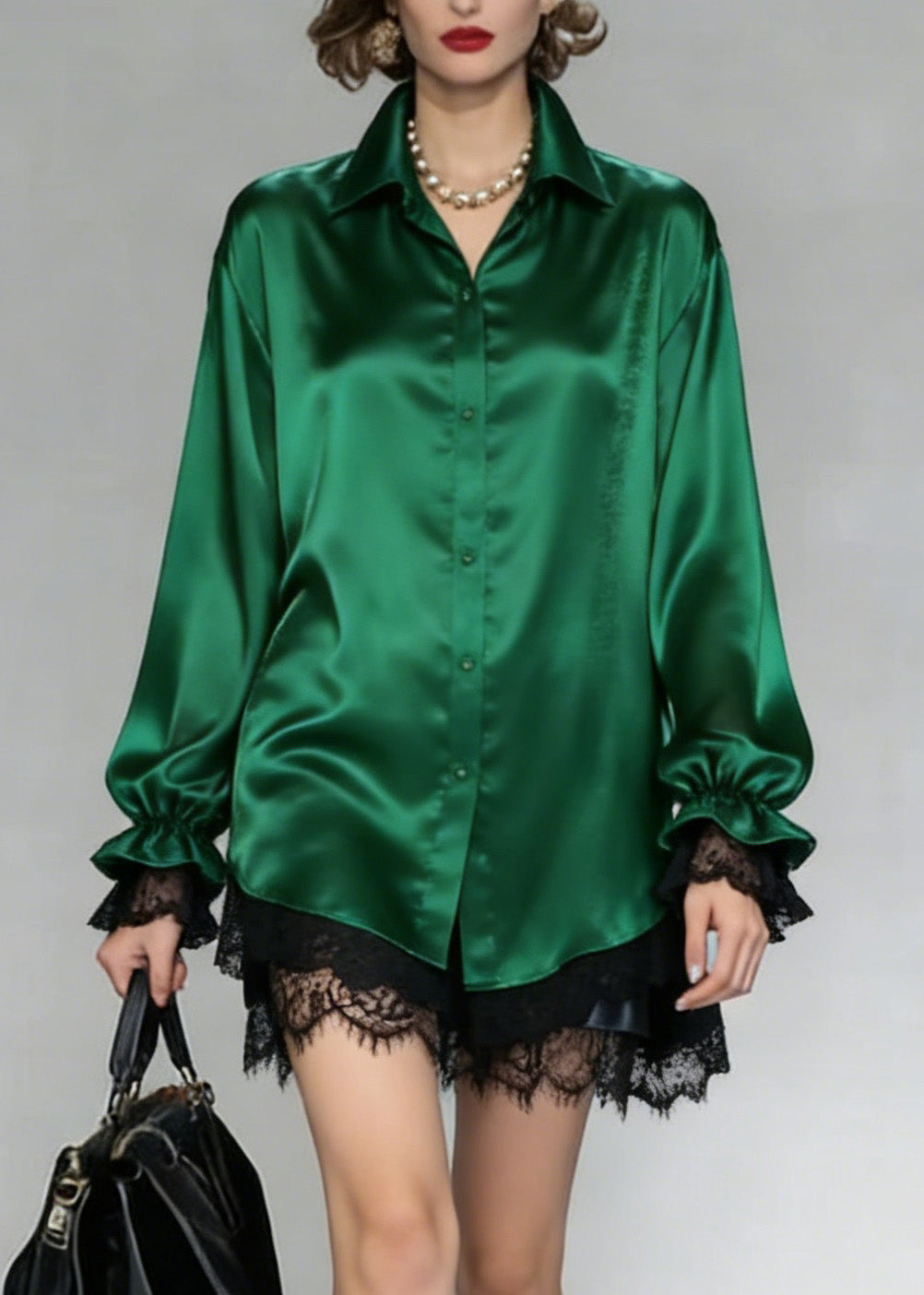 Women Green Peter Pan Collar Patchwork Silk Shirt Spring
