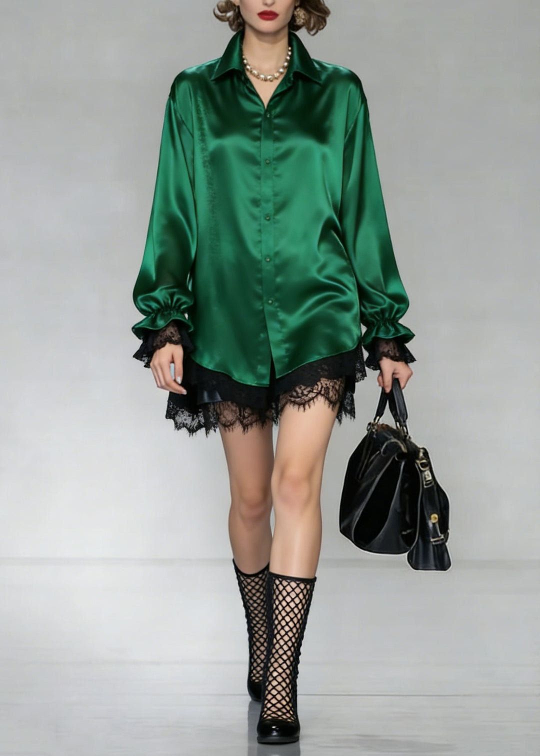 Women Green Peter Pan Collar Patchwork Silk Shirt Spring