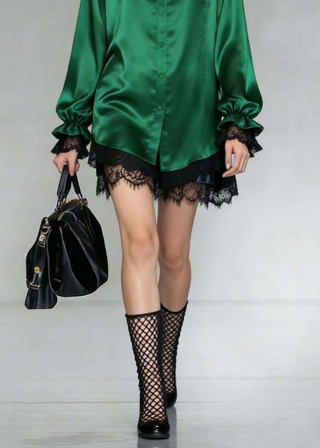 Women Green Peter Pan Collar Patchwork Silk Shirt Spring