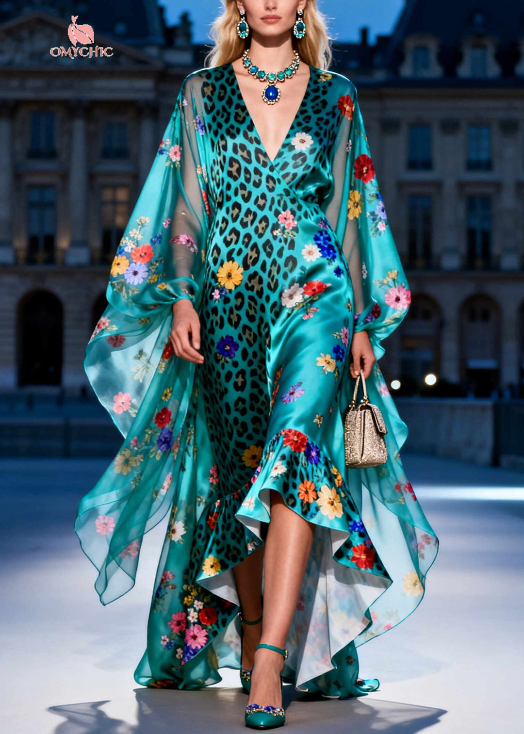 Women Green Print Low High Design Exra Large Hem Silk Dress Summer