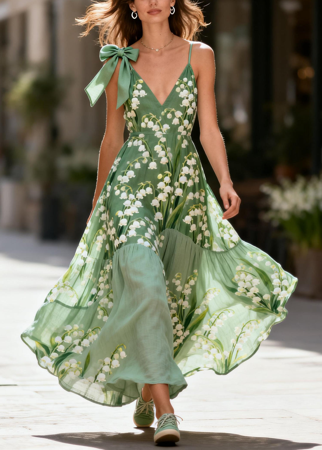 Women Green Print Patchwork Exra Large Hem Cotton Holiday Dress Summer