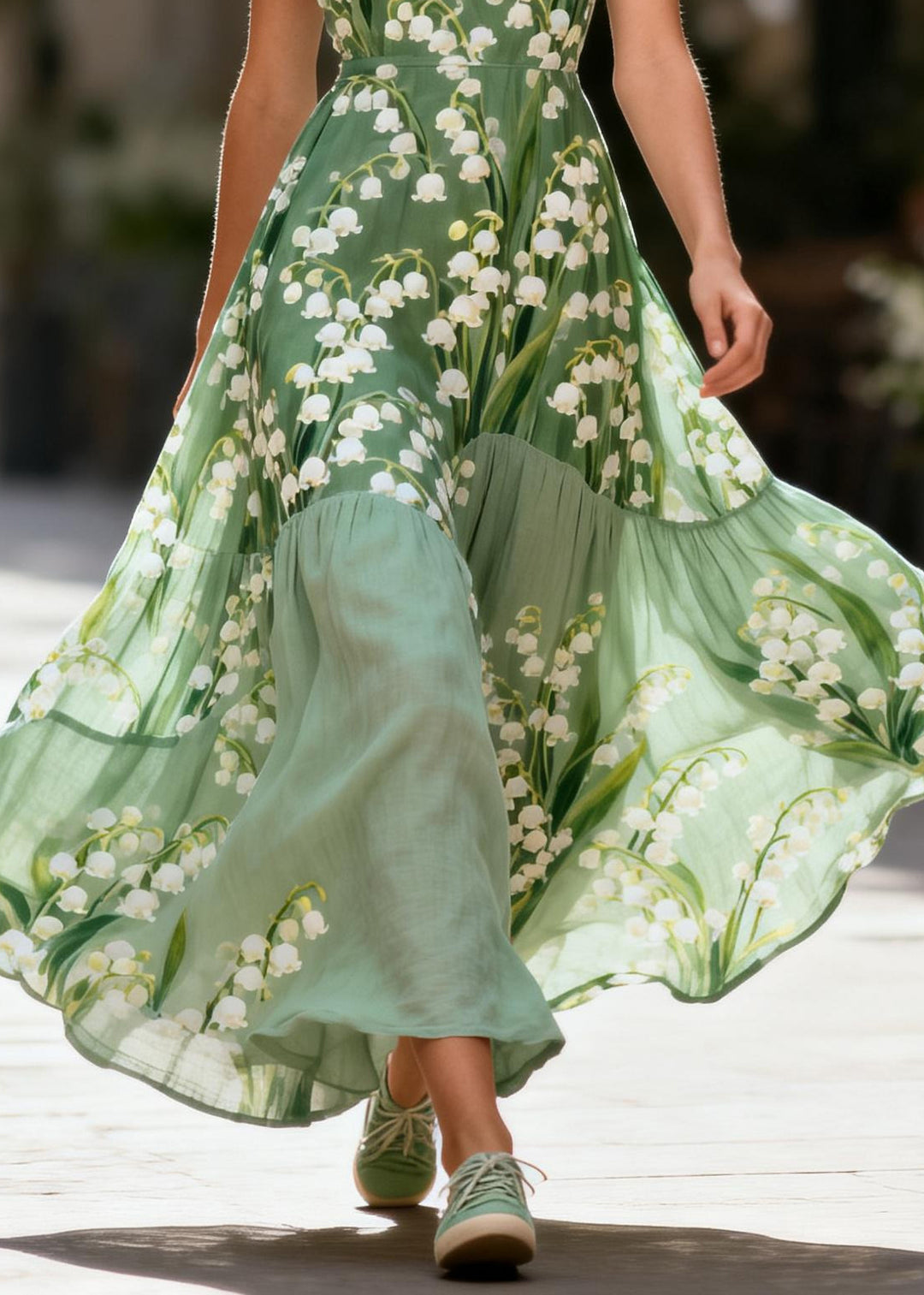 Women Green Print Patchwork Exra Large Hem Cotton Holiday Dress Summer