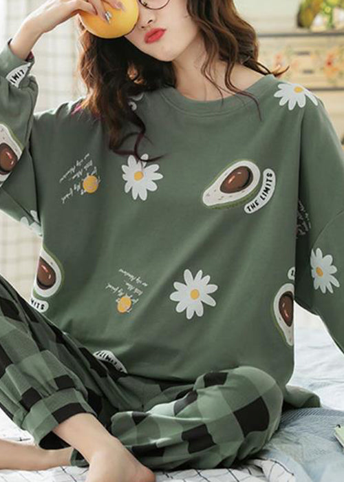 Women Green Print T Ahirt And Plaid Pants Cotton Pajamas Two Pieces Set Fall