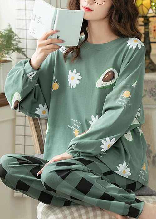 Women Green Print T Ahirt And Plaid Pants Cotton Pajamas Two Pieces Set Fall