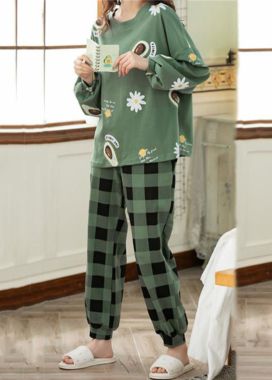 Women Green Print T Ahirt And Plaid Pants Cotton Pajamas Two Pieces Set Fall
