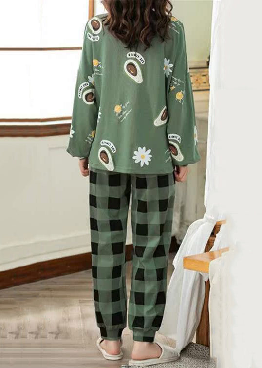 Women Green Print T Ahirt And Plaid Pants Cotton Pajamas Two Pieces Set Fall